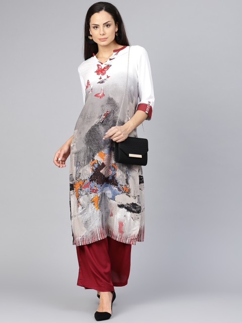 

Shree Women White & Grey Printed Straight Kurta