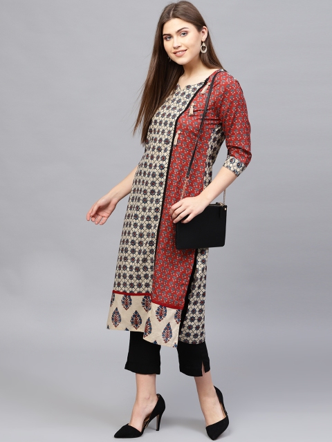 

Shree Women Beige & Rust Red Printed Straight Kurta