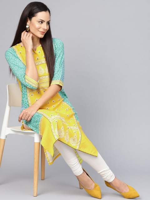 

Shree Women Yellow & Blue Printed Straight Kurta