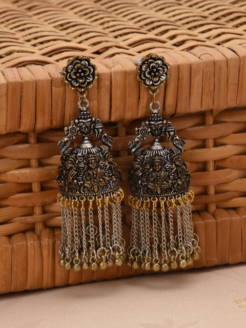 

FIROZA Oxidised Silver-Toned & Antique Gold-Toned Tasselled Dome Shaped Jhumkas