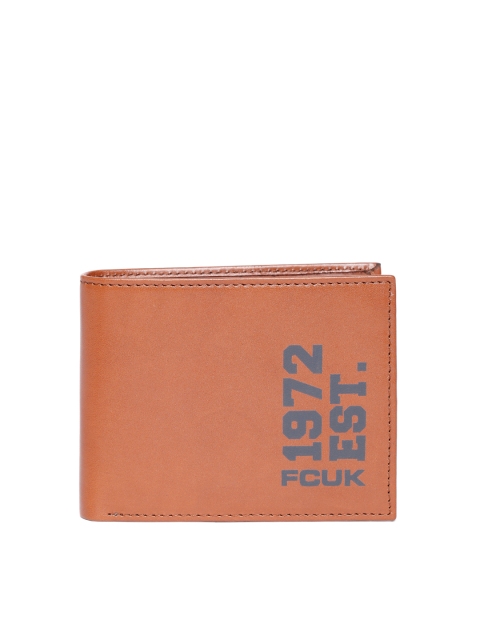 

French Connection Men Tan Brown Leather Two Fold Wallet with Printed Detail