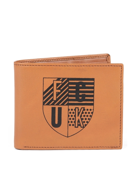

French Connection Men Tan Leather Printed Two Fold Wallet