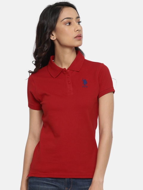 

U.S. Polo Assn. Women Women Red Solid Polo Collar T-shirt