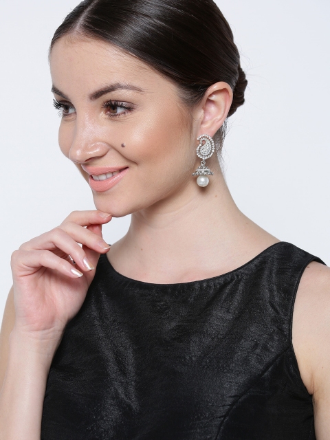 

Priyaasi Rhodium-Plated Silver-Toned & White Paisley Shaped Jhumkas