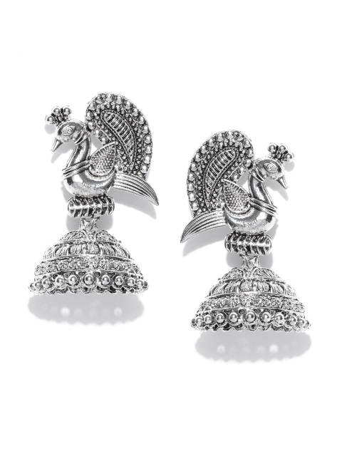 

Priyaasi Oxidised Silver-Plated Peacock Shaped Jhumkas