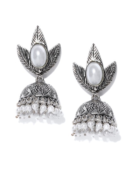 

PRITA Oxidised Silver-Plated & White Floral Jhumkas