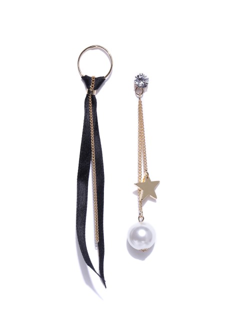 

Jewels Galaxy Black & Off-White Gold-Plated Contemporary Mismatch Drop Earrings