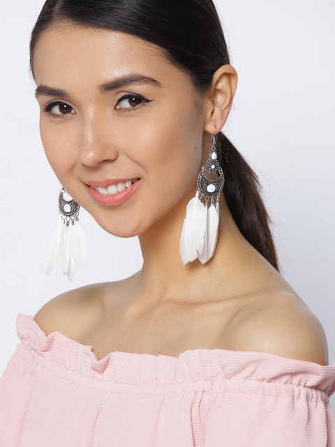 

Jewels Galaxy Off-White Oxidised Silver-Plated Feather-Shaped Drop Earrings