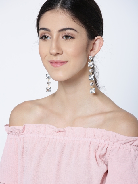 

Jewels Galaxy Gold-Plated Stone-Studded Geometric Drop Earrings