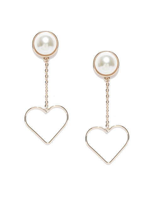

Jewels Galaxy Off-White Gold-Plated Beaded Heart Shaped Drop Earrings