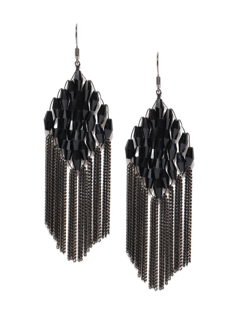

Jewels Galaxy Black Gold-Plated Beaded Tasselled Drop Earrings