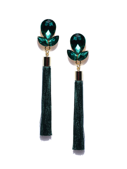 

Jewels Galaxy Green Gold-Plated Tasselled Contemporary Drop Earrings