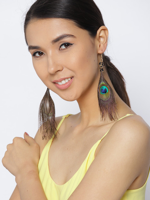 

Jewels Galaxy Green & Blue Gold-Plated Peacock Feather-Shaped Drop Earrings
