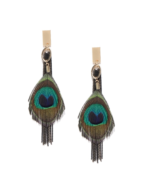 

Jewels Galaxy Green & Blue Gold-Plated Peacock Feather Shaped Drop Earrings