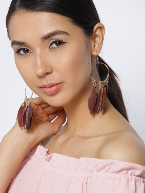 

Jewels Galaxy Brown Gold-Plated Feather Shaped Drop Earrings