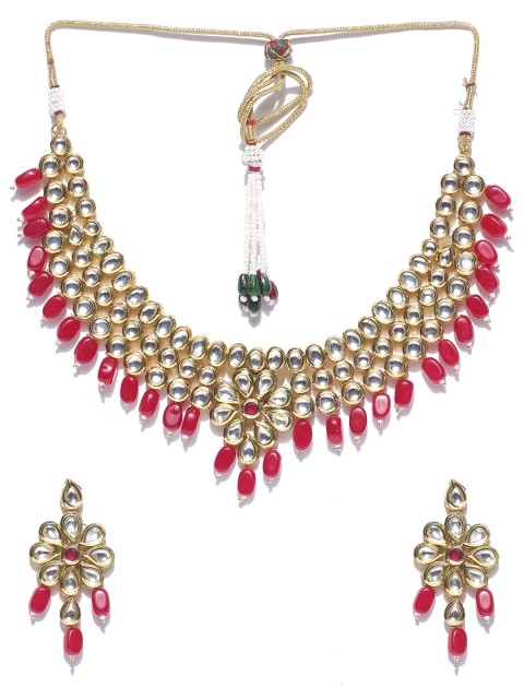 

Jewels Galaxy Gold-Toned & Red Kundan-Studded Jewellery Set