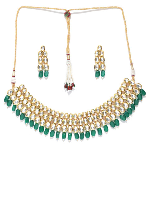 

Jewels Galaxy Gold-Toned & Green Kundan Studded Beaded Jewellery Set