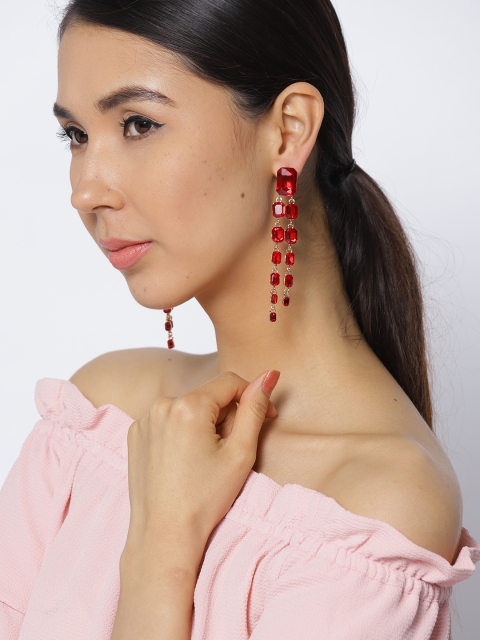 

Jewels Galaxy Red Gold-Plated Stone-Studded Geometric Drop Earrings