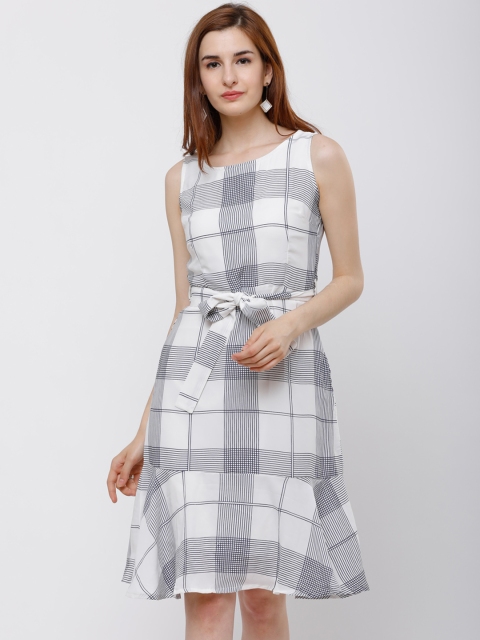 

Tokyo Talkies Women White Checked Fit and Flare Dress