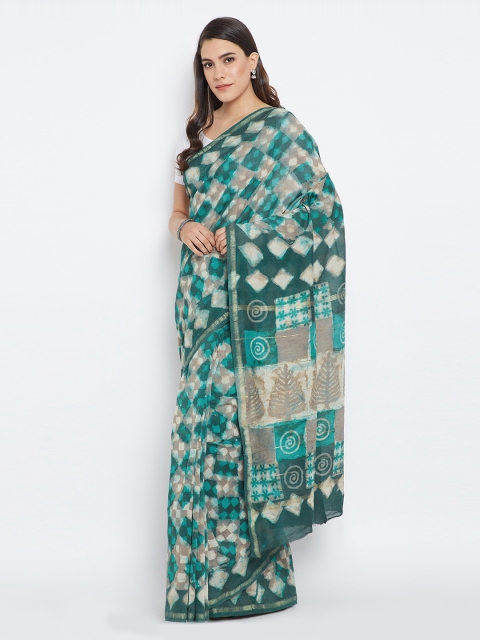 

Kalakari India Green & White Chanderi Silk Hand Block Print Handcrafted Saree, Blue