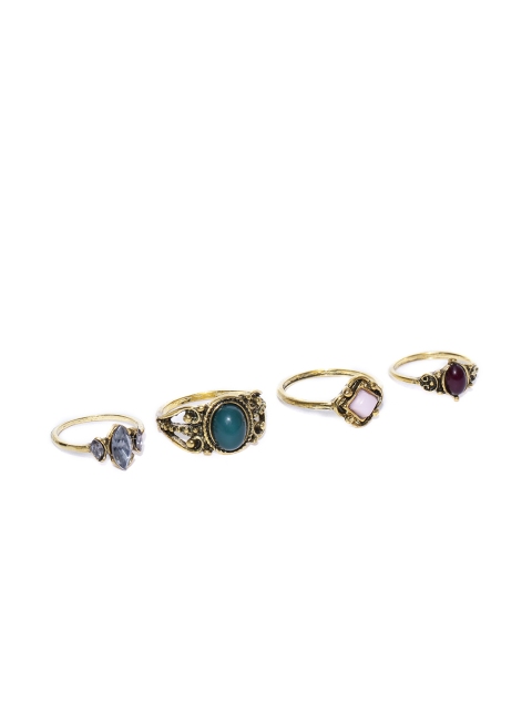 

OOMPH Set of 4 Antique Gold-Toned Stone-Studded Rings