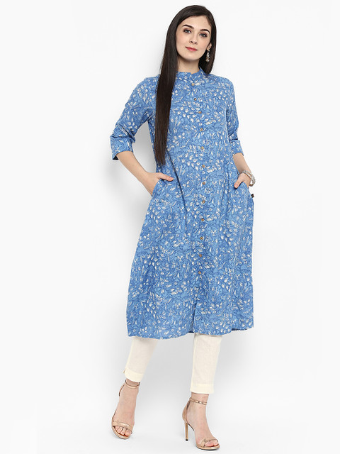 

Juniper Women Blue Printed Straight Kurta