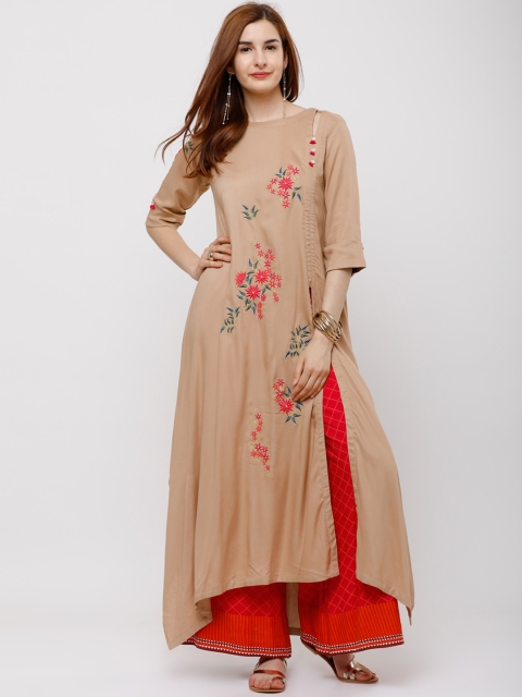 

Vishudh Women Beige Embroidered A-Line Kurta