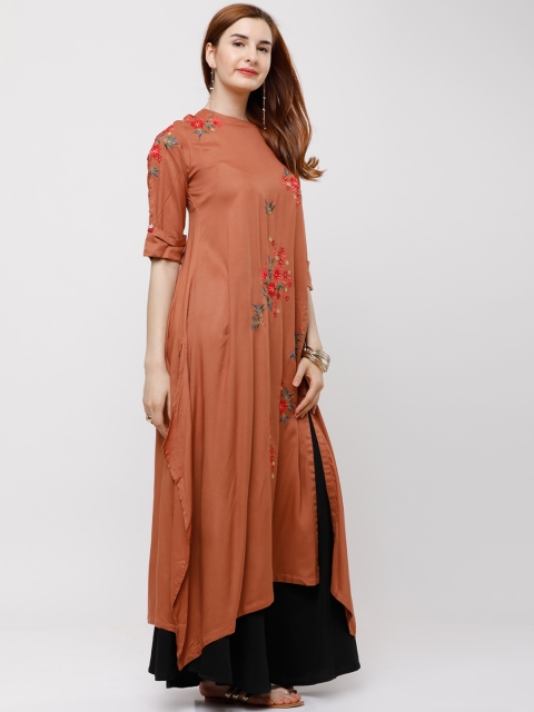 

Vishudh Women Rust Embroidered Asymmetric A-Line Kurta