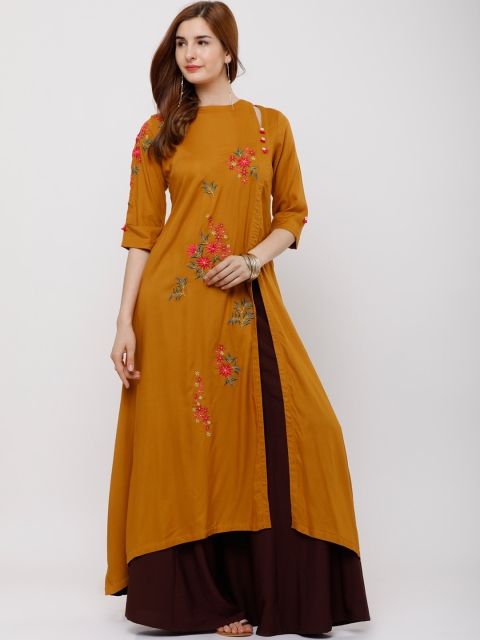 

Vishudh Women Mustard Embroidered A-Line Kurta
