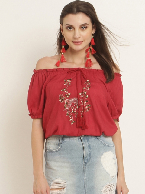 

RARE Women Maroon Printed Bardot Top