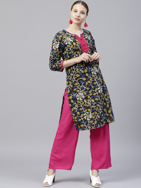 Jaipur Kurti Women Olive Brown & Pink Printed Kurta with Palazzos