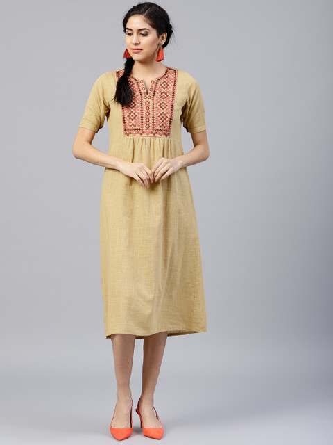 

Jaipur Kurti Women Beige Solid Midi A-Line Dress