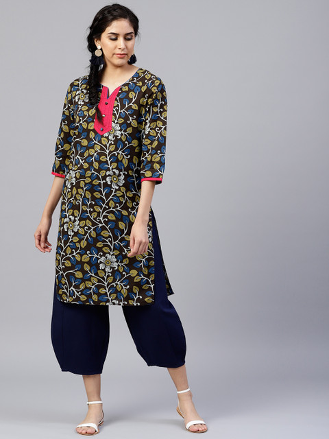 

Jaipur Kurti Women Brown & Blue Printed Straight Kurta