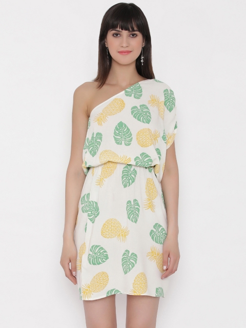 

MABISH by Sonal Jain Women Off-White Tropical Printed Blouson One-Shoulder Dress