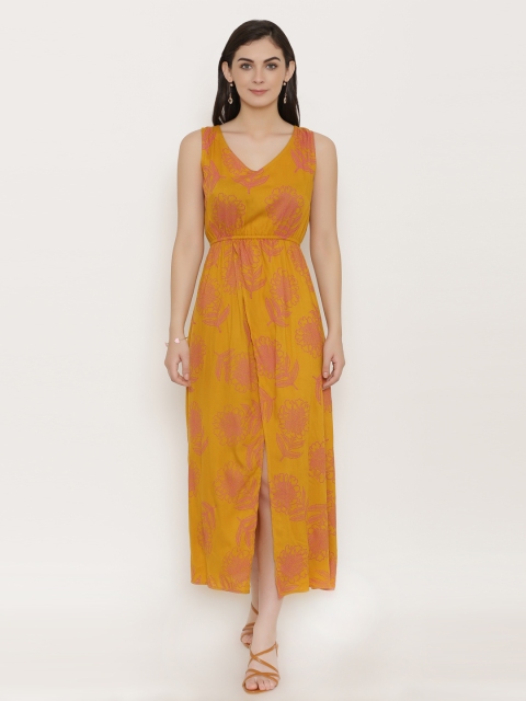 

MABISH by Sonal Jain Women Mustard Yellow Floral Printed Fit and Flare Dress