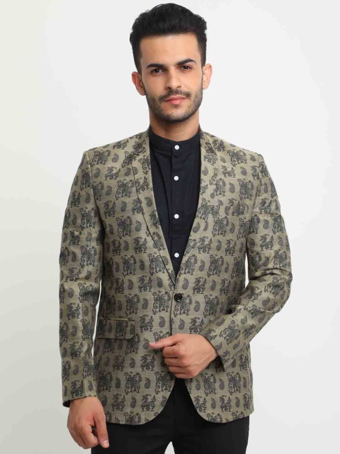 

SHOWOFF Khaki & Black Single-Breasted Printed Blazer