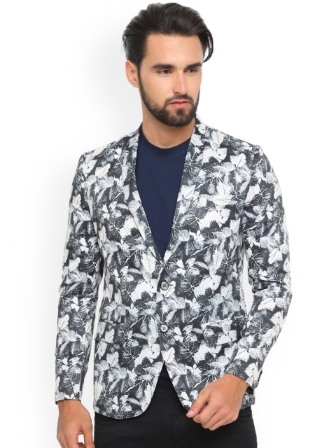 

SHOWOFF Grey & White Single-Breasted Printed Casual Blazer