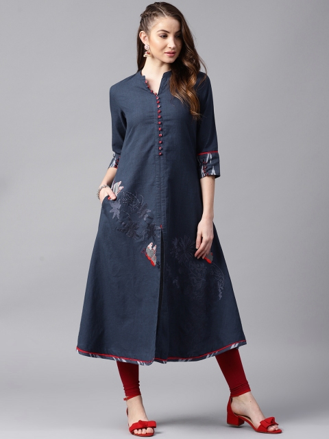 

ANAISA Women Navy Blue Embroidered A-Line Kurta