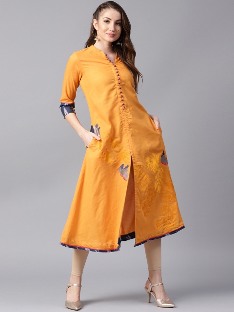 

ANAISA Women Mustard Embroidered A-Line Kurta