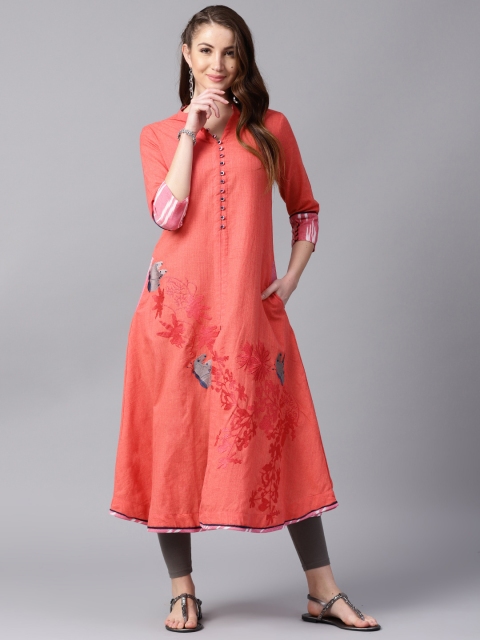 

ANAISA Women Coral Orange Embroidered A-Line Kurta