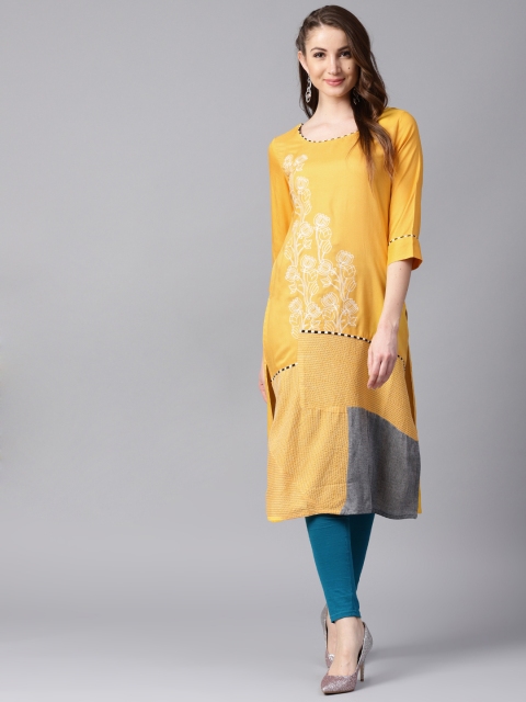 

ANAISA Women Yellow Embroidered Straight Kurta