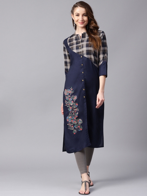 

ANAISA Women Navy Blue Checked Embroidered Kurta