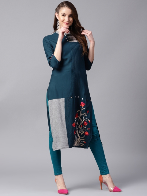 

ANAISA Women Teal Blue Embroidered Straight Kurta