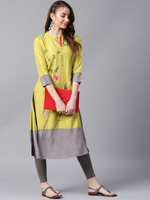 

ANAISA Women Green & Grey Embroidered Straight Kurta