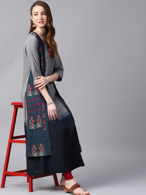 

ANAISA Women Grey & Navy Blue Double Layered Dyed A-Line Kurta