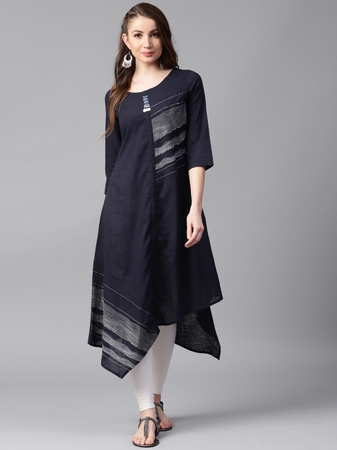 

ANAISA Women Navy Blue Embroidered A-Line Asymmetric Kurta
