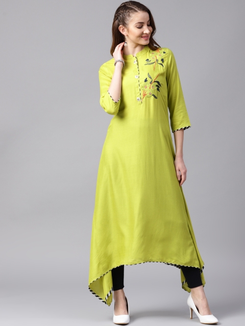 

ANAISA Women Green Yoke Design Embroidered Asymmetric Kurta