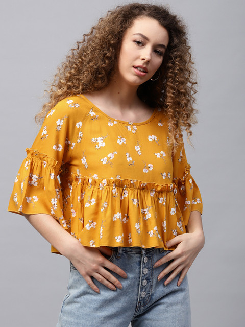 

STREET 9 Women Mustard Yellow Printed Styled Back Top