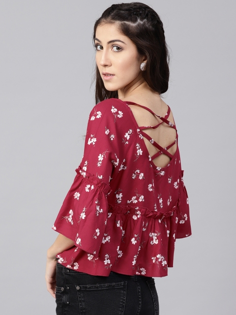 

STREET 9 Women Maroon Floral Print Styled Back Top