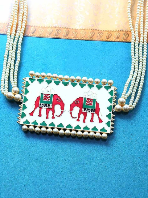 

Studio Voylla Green & Off White Gold-Plated Brass Enamelled Necklace